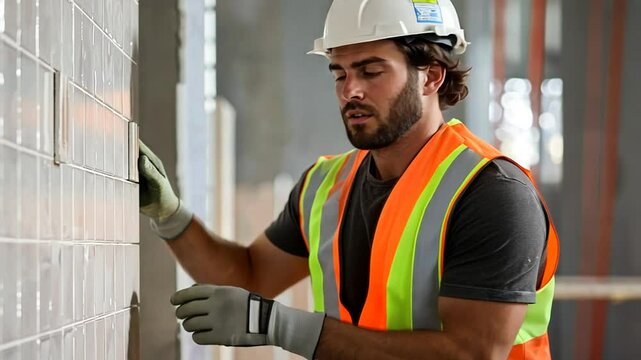 Male Construction Worker Installing Ceramic Tile on Wall