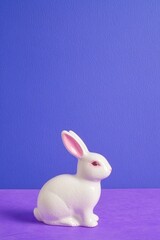 ceramic bunny figurine painted white with pink accents placed on vibrant purple tablecloth