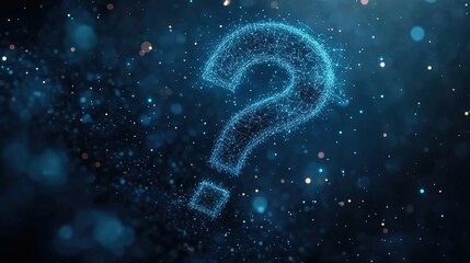 Abstract question mark on a dark blue background with glowing particles, a technology concept. 