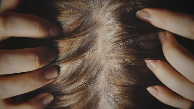 human head close-up grown gray hair roots brunette dyed color. person aging gray hair top view, hands fingers scratch touch skin, fungus dandruff irritation, health hair treatment. medicine trichology
