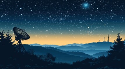 Satellite Dish Underneath a Starry Night Sky Over Mountains