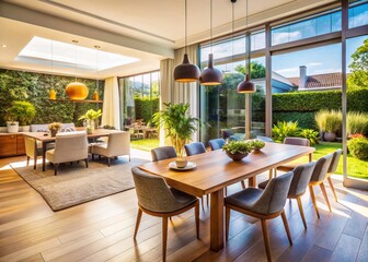 Fototapeta premium Luxurious Home Dining Room with Garden & Terrace: Candid Photography