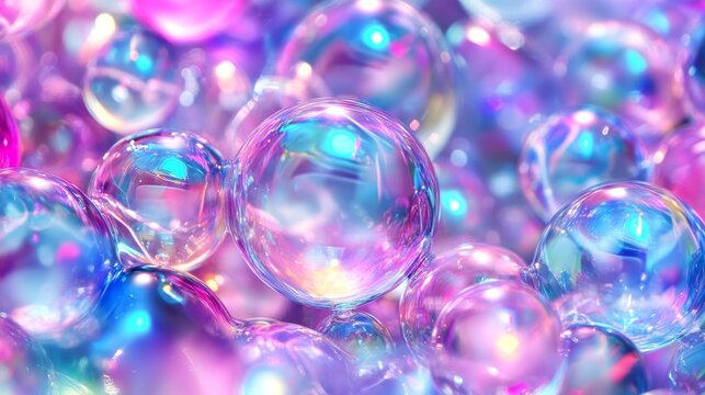 Transparent soap ball with pink, blue and purple iridescent gradient color. Realistic 3d vector illustration set of rainbow shampoo and wash foam sphere. Flying soapy glossy water irregular sphere.