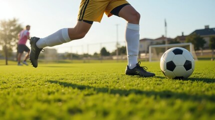 Obraz premium Soccer Player Dribbling on Lush Green Field