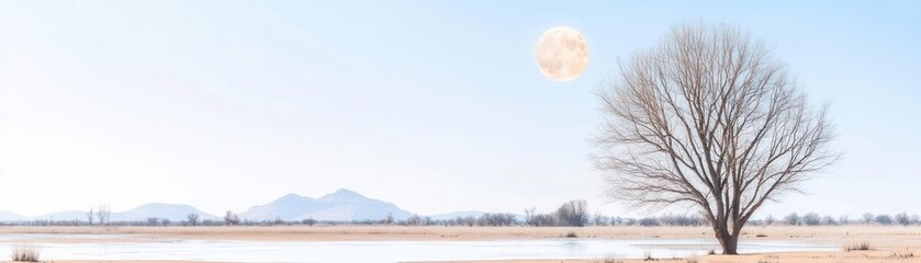 Fototapeta premium Serene landscape with a solitary tree under a bright sky.