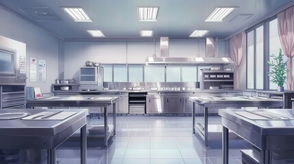 A pristine stainless steel commercial kitchen, symbolizing culinary precision and hygiene. Ideal for restaurant websites, food blogs, and culinary school marketing.