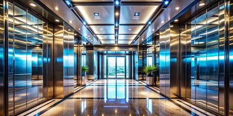 Fototapeta premium Luxurious Modern Elevator Interior: Drone Photography, Sleek Design, High-Rise Building, Glass Walls, Polished Metal