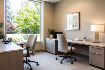 P A clean and well-organized office with indi