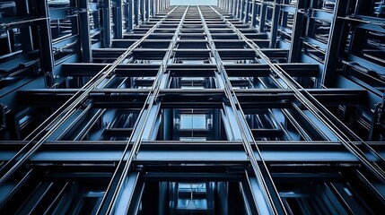 Obraz premium A steel-frame structure of an office building, captured from the ground looking up at its intricate and geometric design.