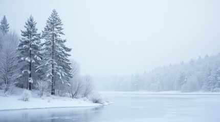 Frozen Lake Winter Landscape with Pine Trees