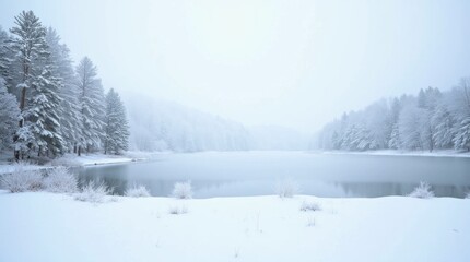 Obraz premium Snowy Winter Landscape with Frozen Lake and Pine Trees