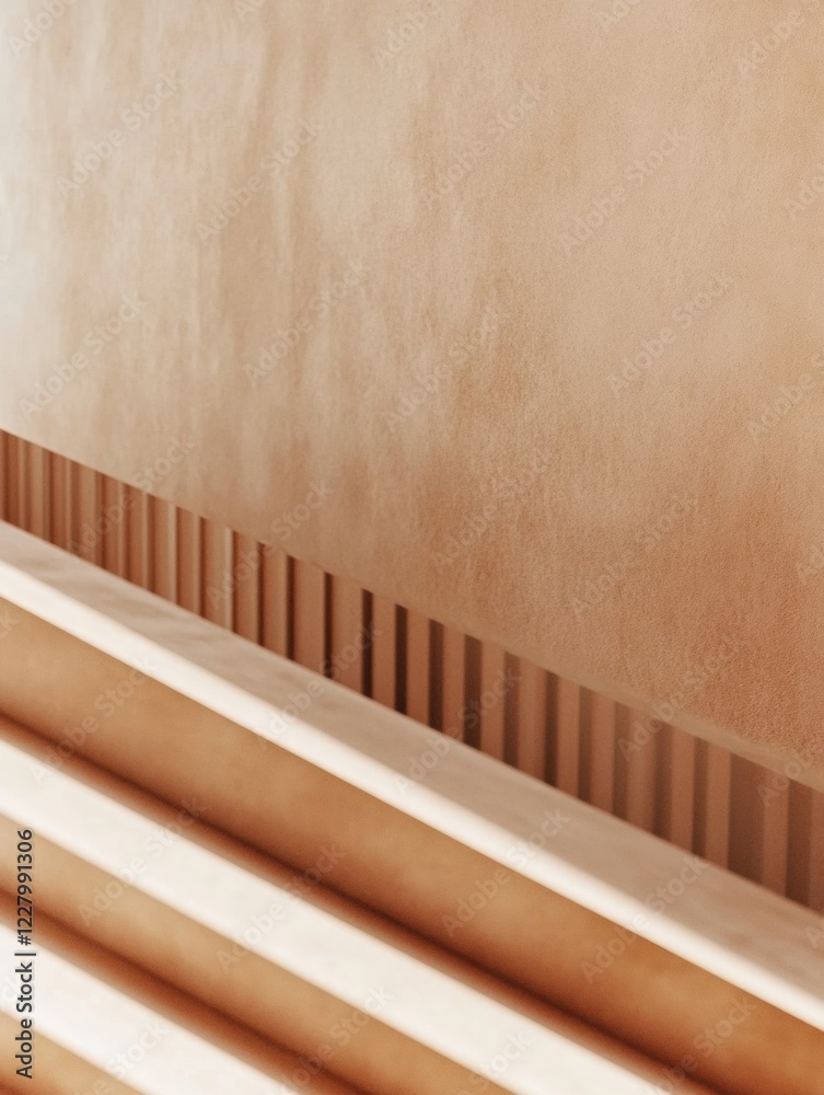 Poster contemporary interior design featuring smooth beige textures and layered wooden elements in a stylis