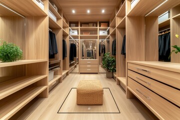 Obraz premium Spacious wooden wardrobe with organized shelves and stylish decor.