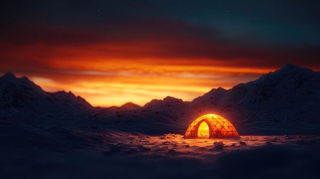 Glowing Igloo in the Snowy Mountains Under a Vibrant Sunset Sky