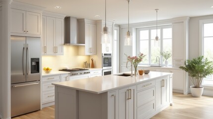 Sleek Modern Kitchen with Light Cabinets and Large Island