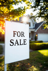 A "For Sale" sign highlights a modern home with a manicured lawn, warm lighting, and a tranquil, tree-lined neighborhood.


