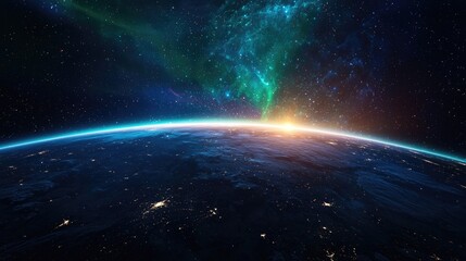 Stunning View of Earth from Space with Colorful Cosmic Background