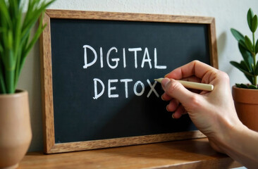 Person practices mindfulness by writing digital detox on chalkboard, creating a calming atmosphere with plants