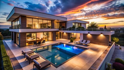 Fototapeta premium Luxury Modern Home Aerial Dusk Poolside Illuminated Interiors Stock Photo