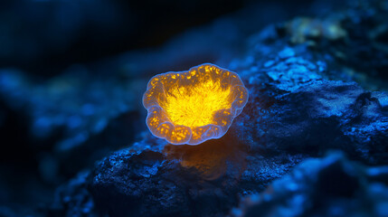 Glowing crystal fragment on dark textured surface. Perfect for mineral collections, mystical themes, or abstract art.