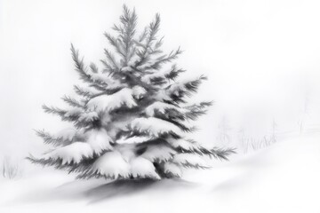 Realistic pencil sketch depicting a snow covered pine tree in a serene winter landscape, evoking tranquility and the beauty of nature