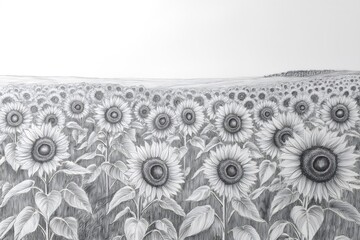 Detailed pencil drawing of a large sunflower field stretching towards the horizon under a bright sky, creating a peaceful rural landscape