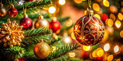 Obraz premium Macro Christmas Ornament Detail: Festive Holiday Decoration on Christmas Tree in Cozy Living Room