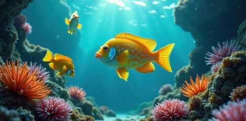 Obraz premium Tropical fish school swimming through seaweed, underwater, aquarium, fish