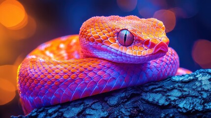Vibrant snake, nocturnal, forest, glowing bokeh background