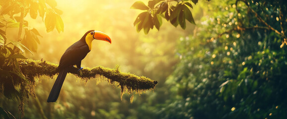 Naklejka premium Toucan perched on a mossy branch in a vibrant tropical rainforest with golden sunlight, symbolizing nature's beauty, biodiversity, and tranquility