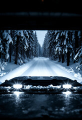 An off-road vehicle’s lights illuminate a snowy forest trail, capturing adventure, solitude, and the stark beauty of winter exploration.