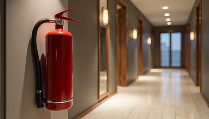 Fototapeta premium Red fire extinguisher mounted on wall in modern hallway