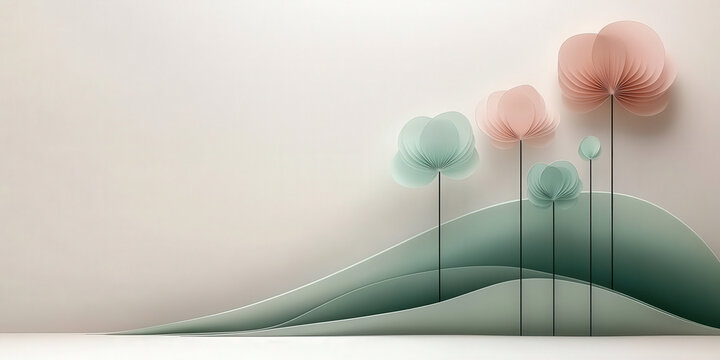 Soft pastel floral silhouette background featuring layered flower shapes in pastel green and pink on a gentle gradient, creating a fresh and serene ambiance in a modern setting