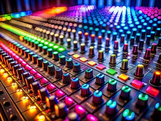 Obraz premium Macro Close-up of Vibrant Audio Mixing Board in Dark Studio - Industrial Multimedia Production