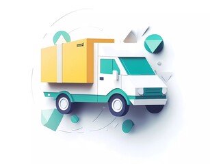 Illustration of a delivery van with a yellow box, a flat design illustration on a white background in a vector style. The design features paper cutout elements around the main object, with geometric s
