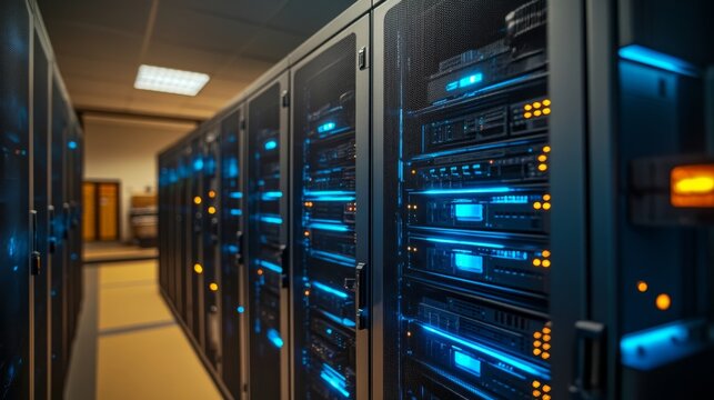 This image of a server room features racks with servers illuminated by blue and orange lights, representing technology, connectivity, and modern data infrastructure.
