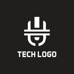 technology logo with mouse symbol, tech log.o Black and white vector icon with cable symbol design for business button logo