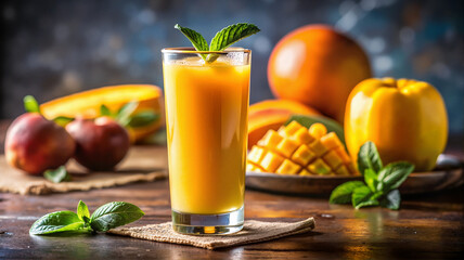 Fototapeta premium Glass of fresh mango juice with whole ripe mangoes and peaches in the background
