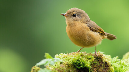 Fototapeta premium Small brown bird on mossy perch in nature. Suitable for wildlife photography, bird watching, or nature study.