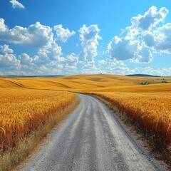 Fototapeta premium Winding Rural Road Through Golden Barley Field Under Bright Blue Sky