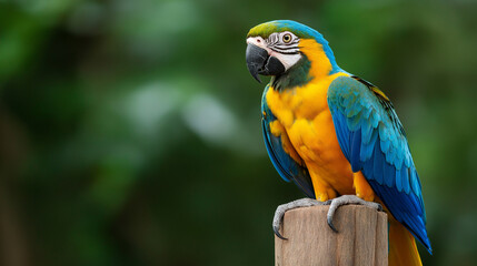 Blue and gold macaw perched on wooden post. Ideal for exotic birds, wildlife photography, or animal portraits.