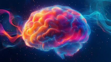 Obraz premium An ethereal and vibrant brain with neon colors swirls amidst a cosmic setting, representing the mind's complexities and dynamic thoughts in a surreal manner.