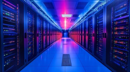 A bustling data center with rows of servers aligned under vibrant neon blue and pink lights, symbolizing the backbone of digital information in modern technology.