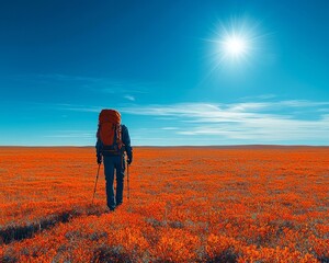 Fototapeta premium Lone Hiker Traversing Vast Open Landscape Under Bright Blue Sky