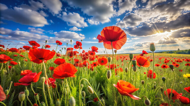 Vibrant red poppy flowers in a green meadow under a blue sky - Powered by Adobe