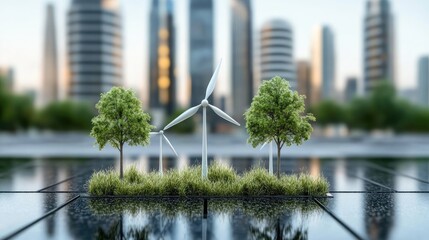 A wind turbine rotates in the city, embraced by lush trees and contemporary buildings under a vibrant blue sky dotted with clouds