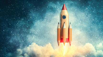 Obraz premium Rocket launching into space with vibrant colors and a starry background for a cosmic exploration theme