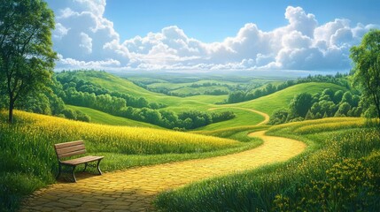 Obraz premium A picturesque landscape featuring a winding path through lush green hills and fields, with a wooden bench, under a sky filled with fluffy white clouds.