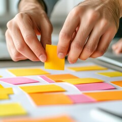 Collaborative Workspace Modernity Hands Arranging Sticky Notes on a Chart - Natural Textures for Small Business Development Centers Day in Spring Corporate Workshops