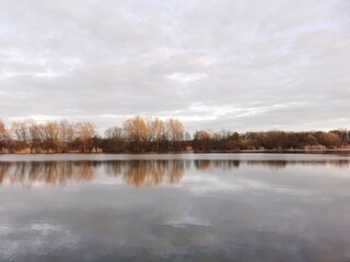 Lake view in winter, sunset 